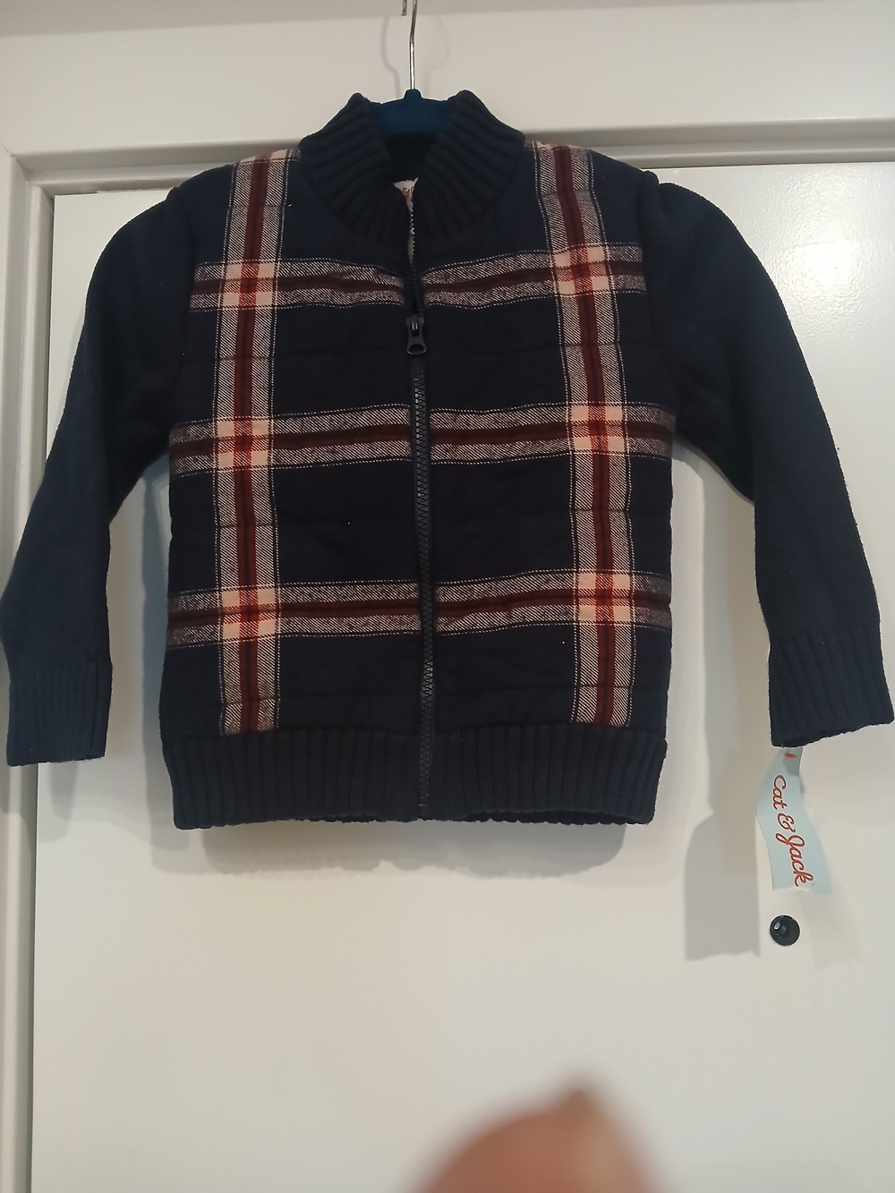 Cat & Jack Navy Plaid Quilted Zip-Up Sweater Jacket - Boys